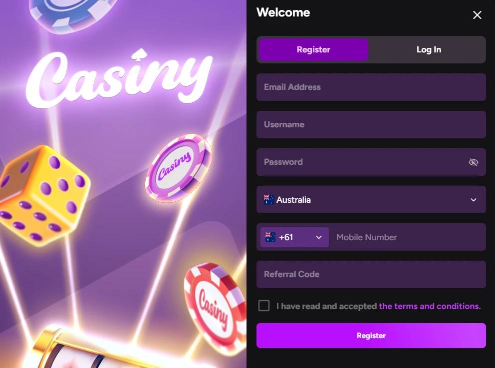 Current Casiny registration or KYC interface with no personal information entered