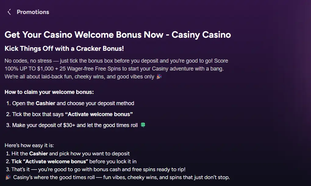 Current Casiny Australia welcome bonus terms showing the three-deposit offer