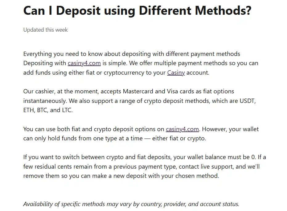 Current Casiny Help Centre deposit-method article showing card and cryptocurrency options