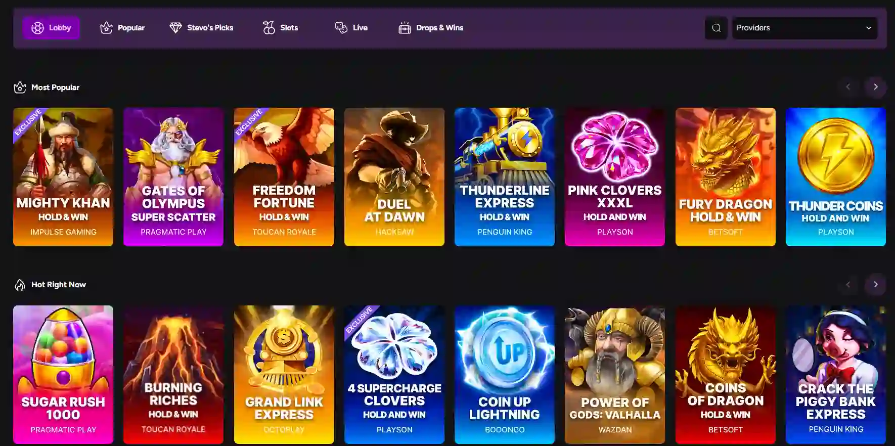 Current Casiny Australia pokies lobby with the provider filter visible