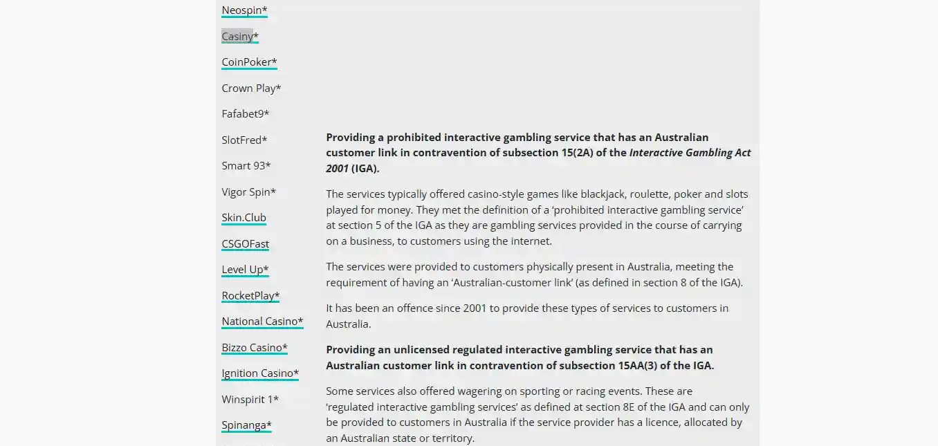 ACMA investigations table showing Casiny among prohibited services