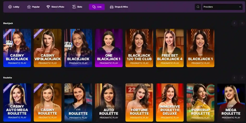 Current Casiny Australia live casino lobby showing live table navigation