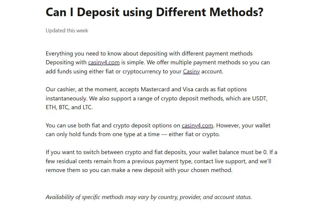 Current Casiny cashier interface showing available card and cryptocurrency payment routes