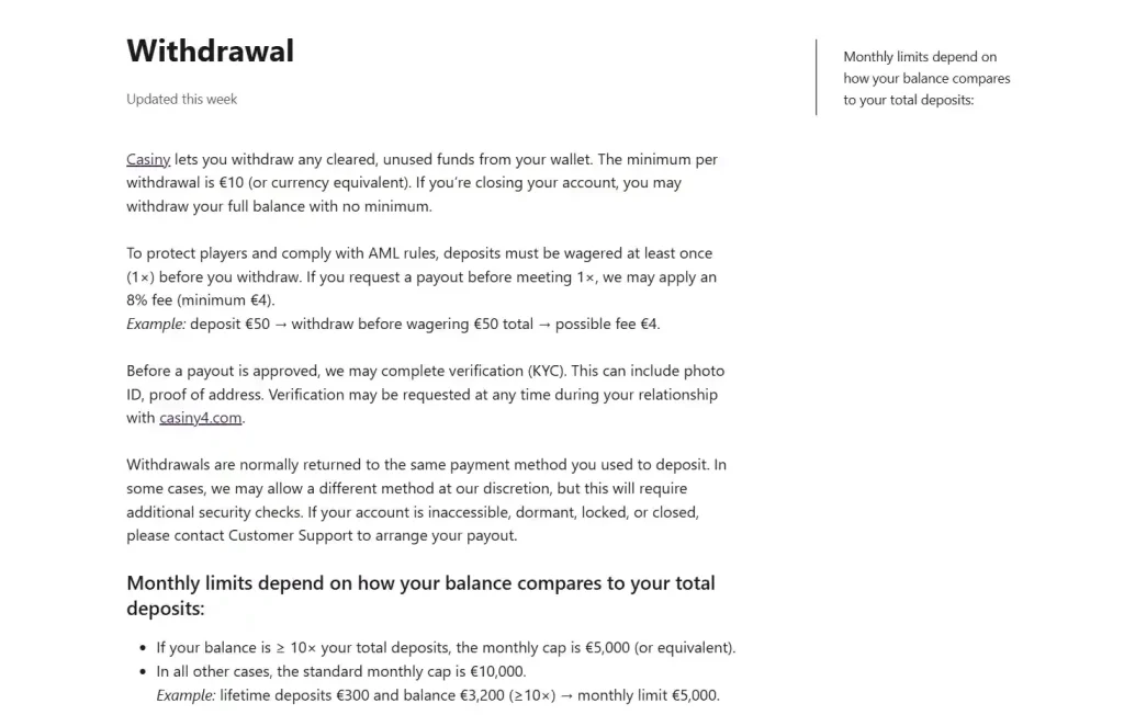 Current Casiny official withdrawal Help Centre showing minimum, fee and monthly limits