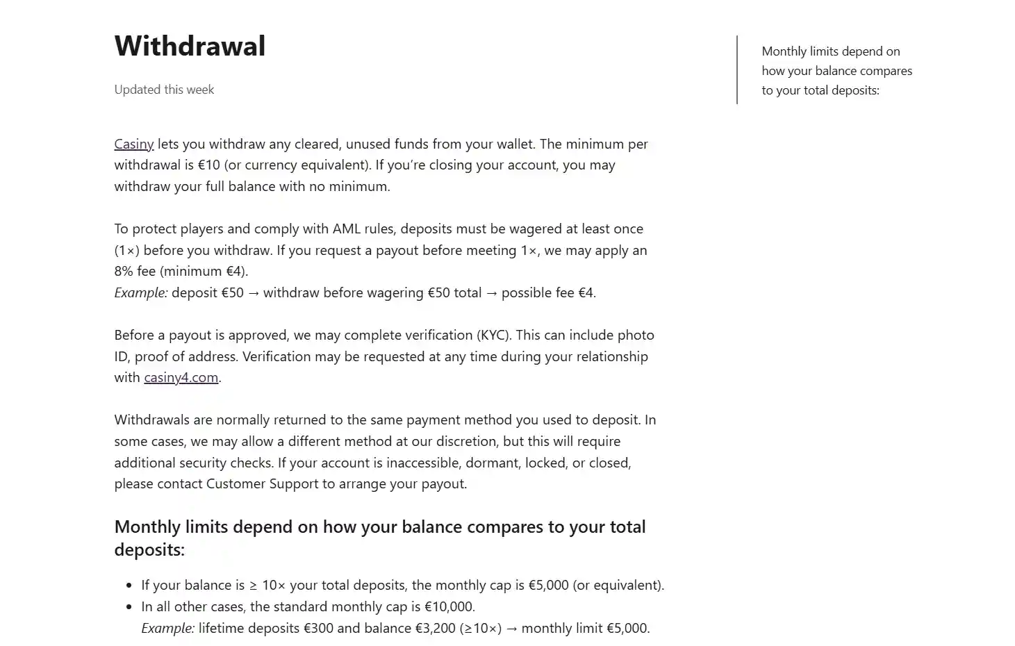 Current Casiny official withdrawal Help Centre showing minimum, fee and monthly limits