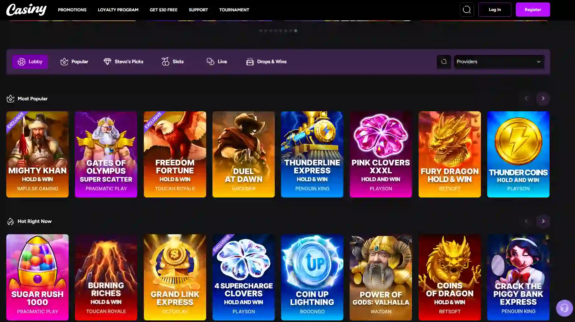 Current Casiny Australia homepage and game lobby
