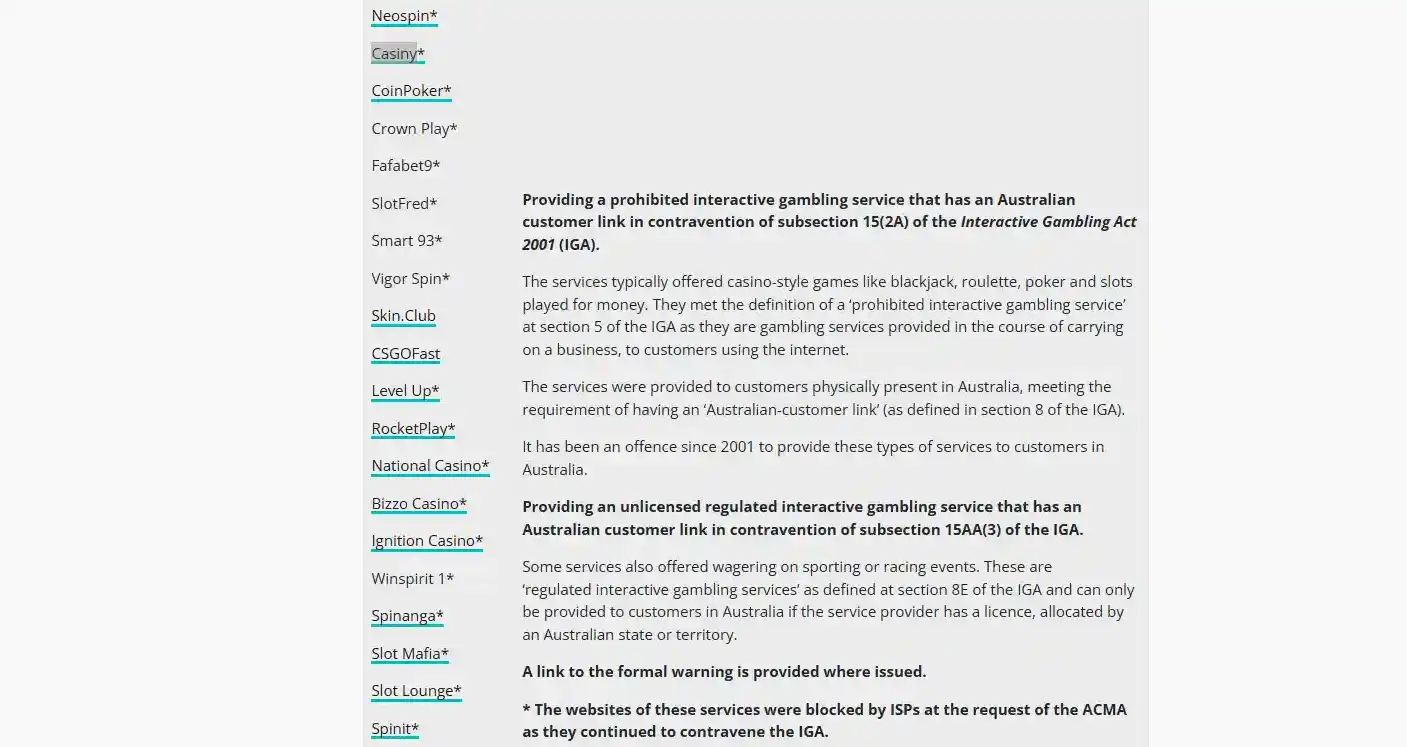 ACMA prohibited-services table showing the Casiny entry
